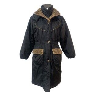Vintage Basic Outlook Women's Black Quilted Coat Leopard Faux Fur Trim size 16